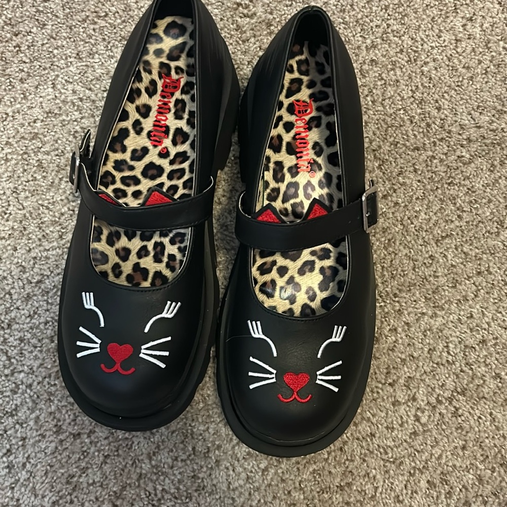 Demonias. Size 11 Black Cat themed Mary Jane Shoes with animal print.  NWOT